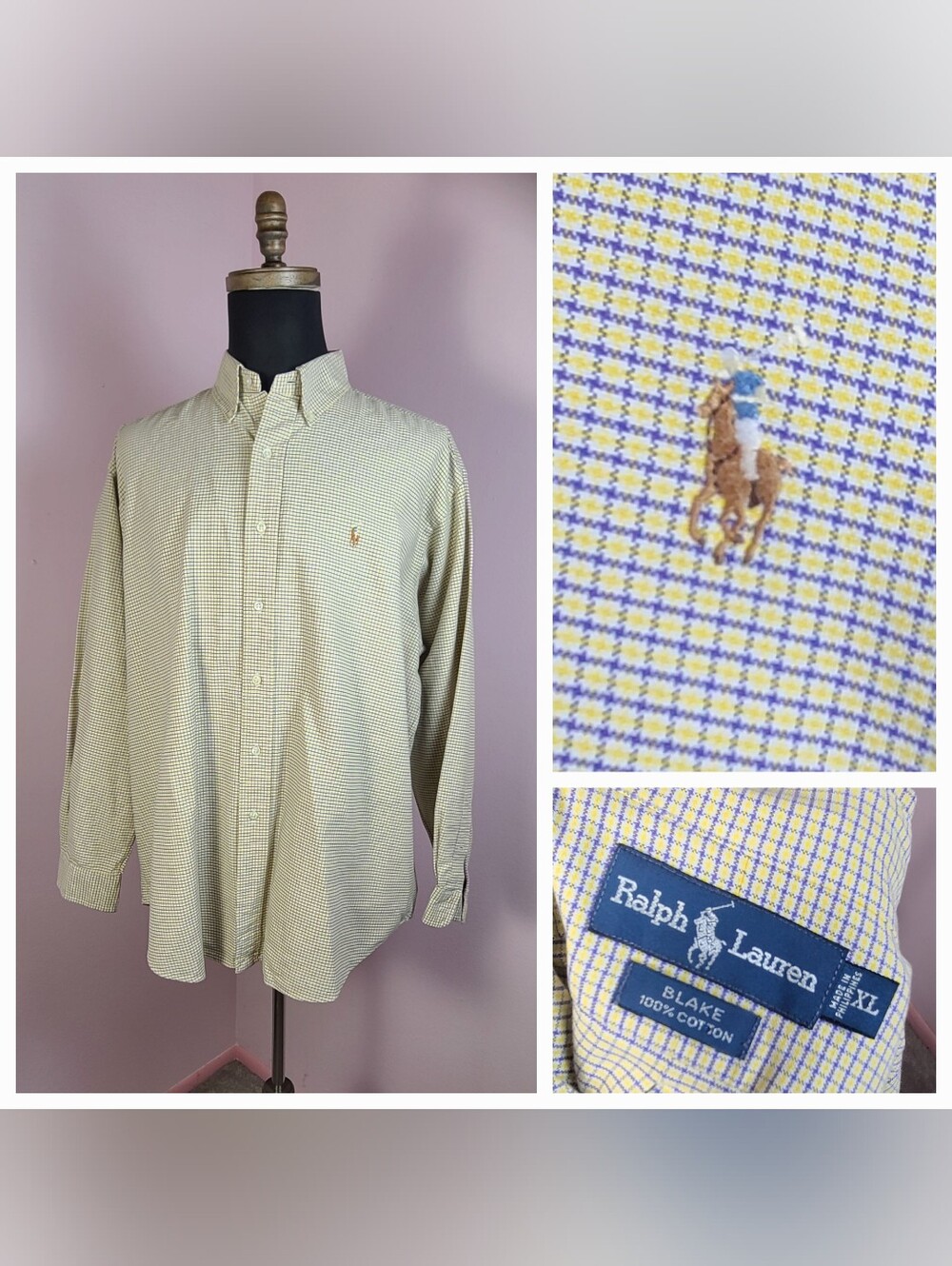 Mens Ralph Lauren XL Long Sleeve Btn Up Shirt Business/Casual Plaid Yellow/Blue